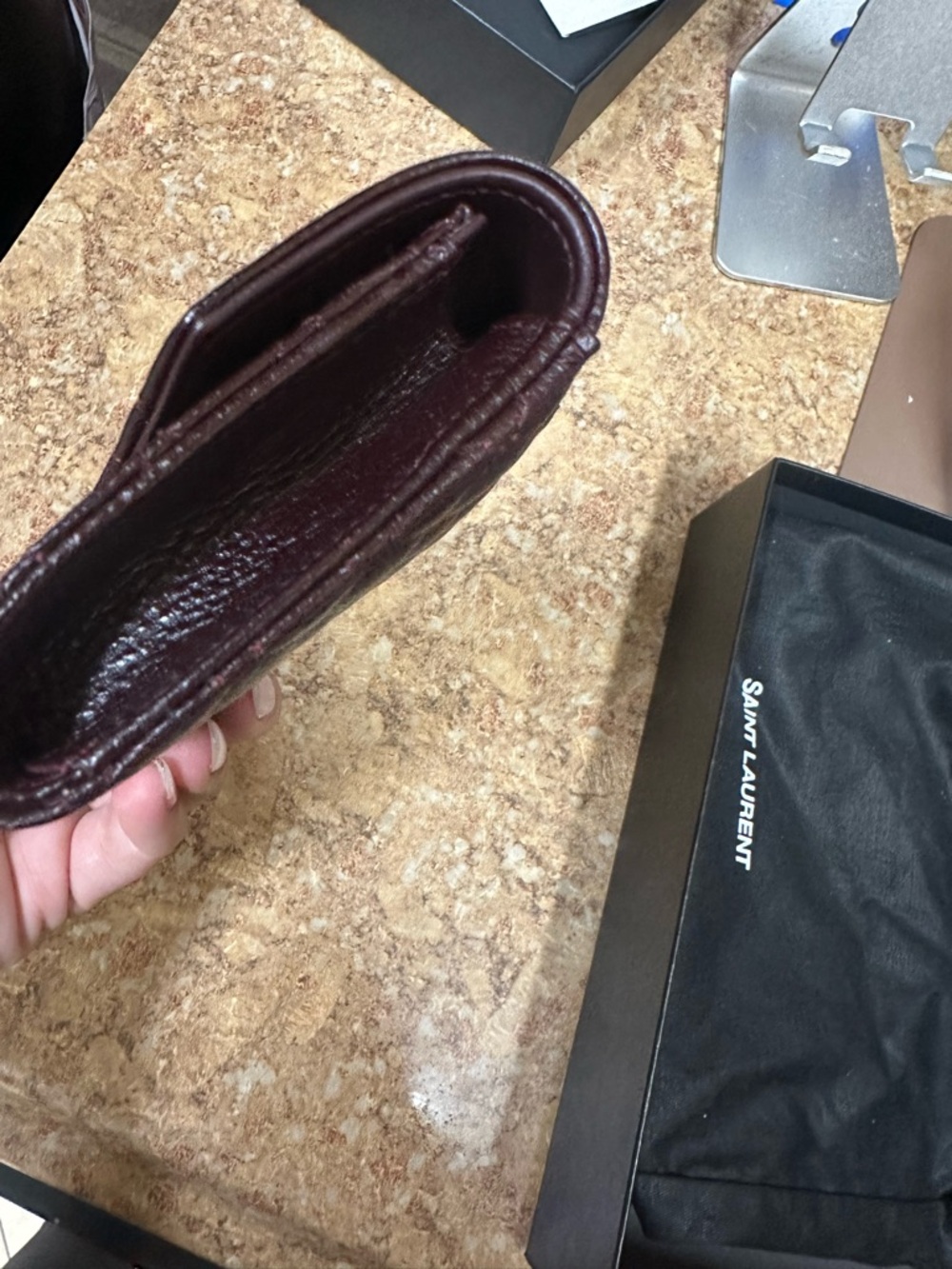 Saint Laurent Quilted Chevron & Diamond Wallet in Burgundy with Gold YSL - Picture 13 of 16
